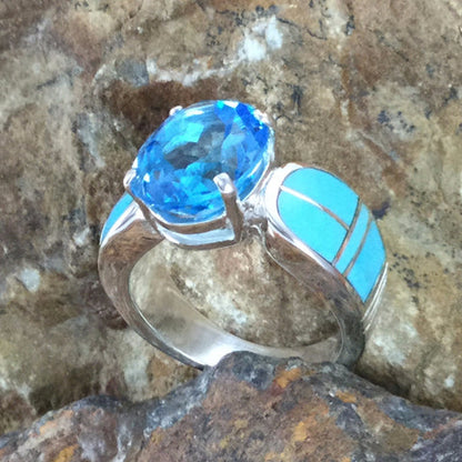 David Rosales Arizona Blue Inlaid Sterling Silver Ring w Blue Topaz
