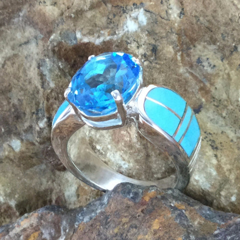 David Rosales Arizona Blue Inlaid Sterling Silver Ring w Blue Topaz