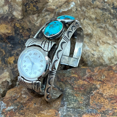 Vintage Turquoise Sterling Silver Bracelet Watch Cuff by Harvey Begay -- Estate Jewelry