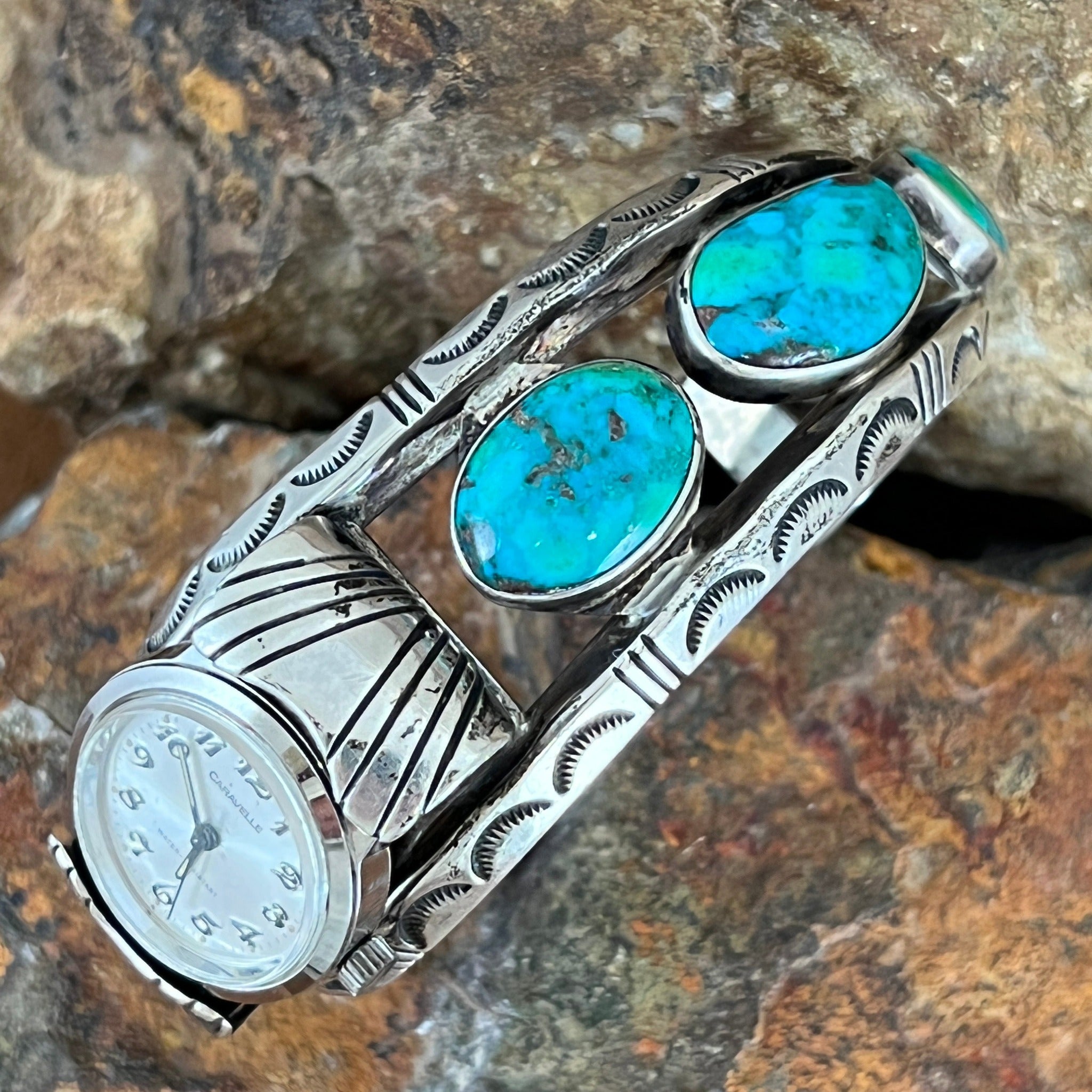 Ladies Southwest Turquoise Coral Silver Watch Cuff Sterling Bracelet 35385