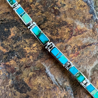 David Rosales Sonoran Gold Turquoise Inlaid Sterling Silver Link Bracelet