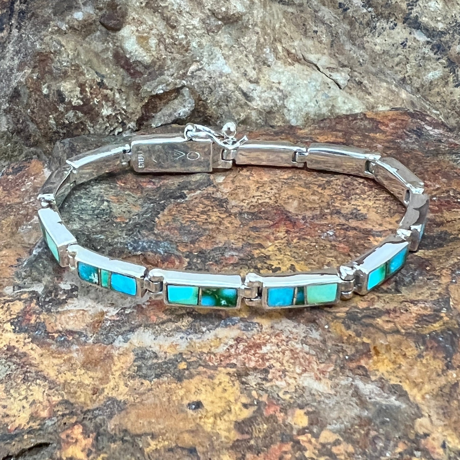 David Rosales Sonoran Gold Turquoise Inlaid Sterling Silver Link Bracelet