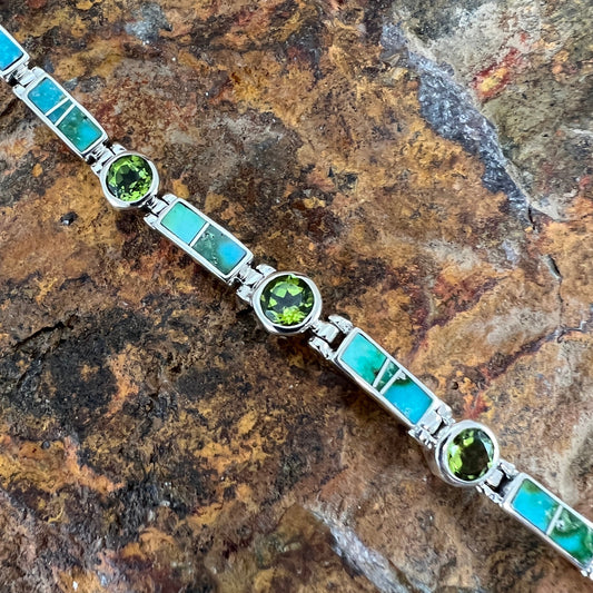 David Rosales Sonoran Gold Turquoise Inlaid Sterling Silver Link Bracelet w/ Peridot