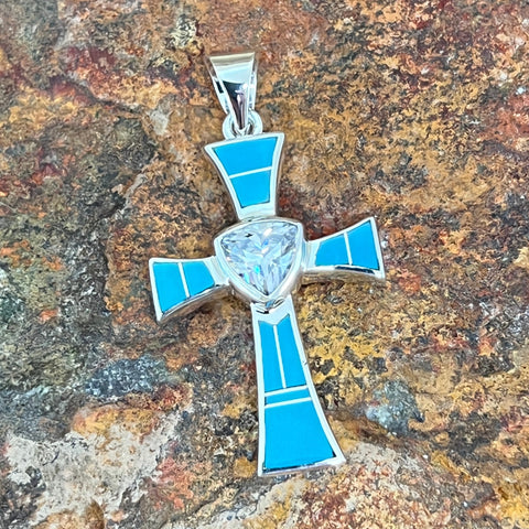 David Rosales Arizona Blue Sterling Silver Pendant Cross w/ Cubic Zirconia