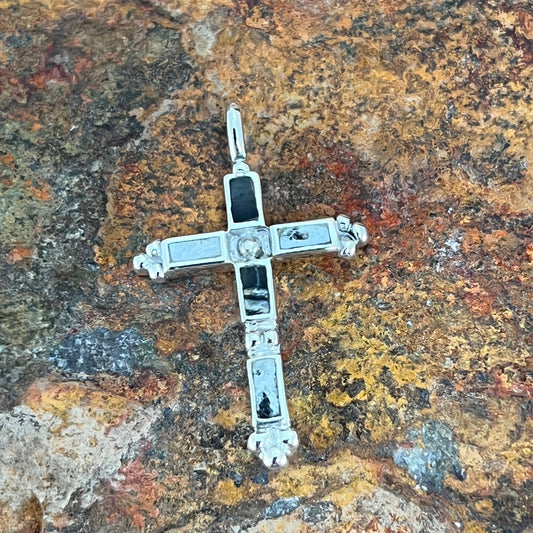 David Rosales White Buffalo Inlaid Sterling Silver Pendant Cross