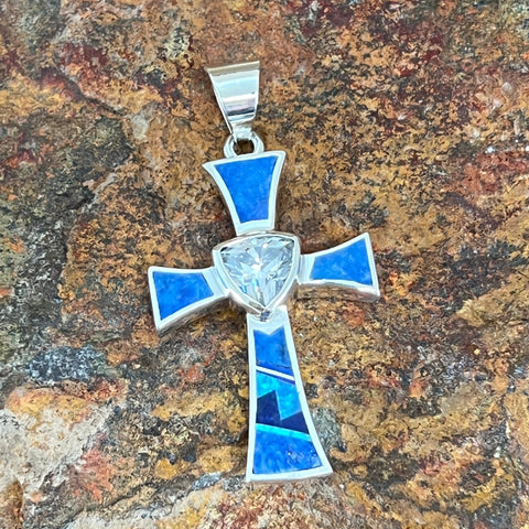 David Rosales Blue Sky Sterling Silver Pendant Cross w/ Cubic Zirconia