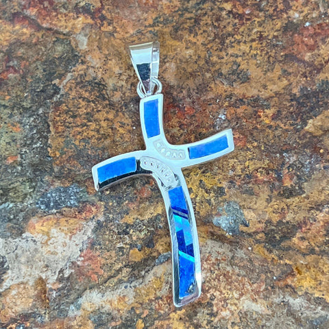 David Rosales Blue Sky Inlaid Sterling Silver Pendant Cross