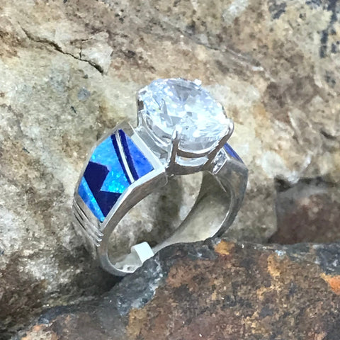 David Rosales Blue Sky Fancy Inlaid Sterling Silver Ring w/ Cubic Zirconia