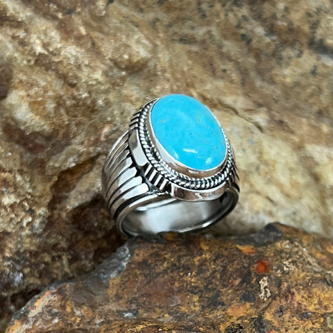 Kingman Turquoise Sterling Silver Ring by Wil Denetdale -- Size 10.75