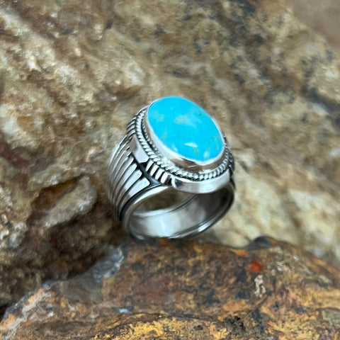 Kingman Turquoise Sterling Silver Ring by Wil Denetdale -- Size 9.25
