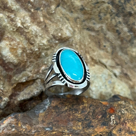 Kingman Turquoise Sterling Silver Ring by Wil Denetdale - Size 6.5