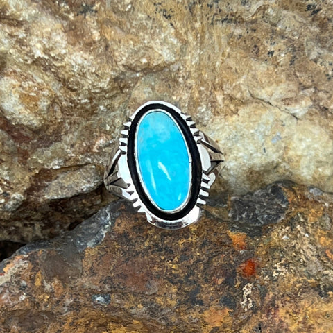 Kingman Turquoise Sterling Silver Ring by Wil Denetdale - Size 7.5