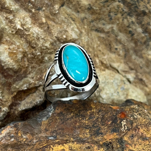 Kingman Turquoise Sterling Silver Ring by Wil Denetdale - Size 8