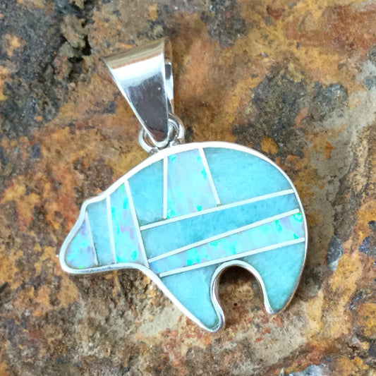 David Rosales Amazing Light Inlaid Sterling Silver Pendant Bear