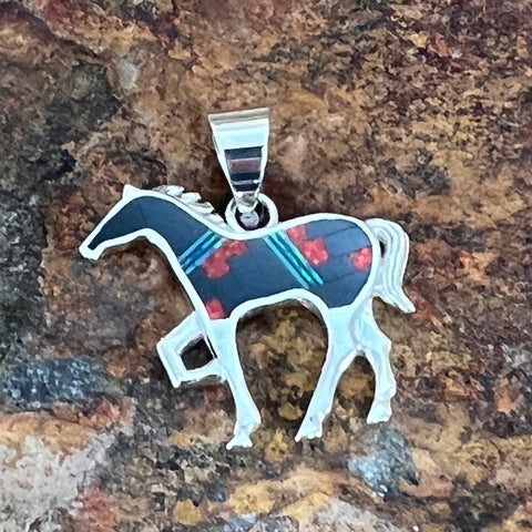 David Rosales Red Moon Inlaid Sterling Silver Pendant Horse