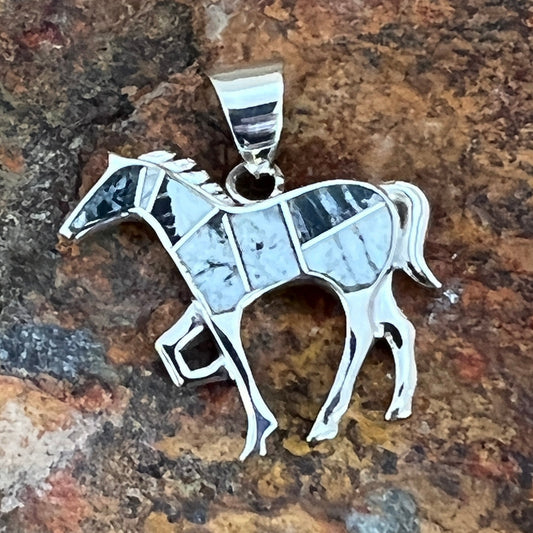 David Rosales White Buffalo Inlaid Sterling Silver Pendant Horse