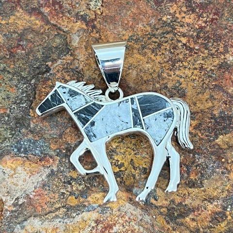 David Rosales White Buffalo Inlaid Sterling Silver Pendant Horse