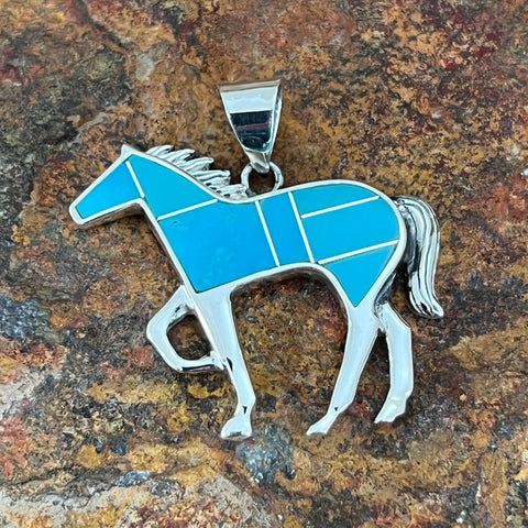 David Rosales Arizona Blue Inlaid Sterling Silver Pendant Horse