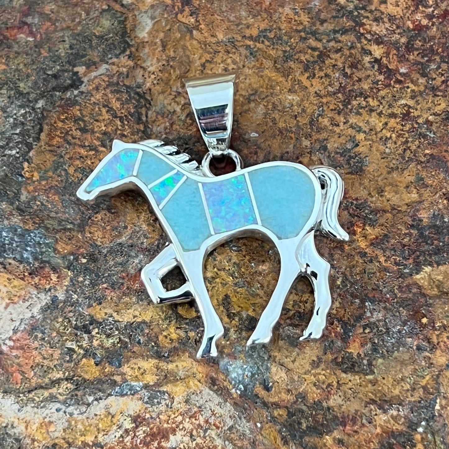 David Rosales Amazing Light Inlaid Sterling Silver Pendant Horse