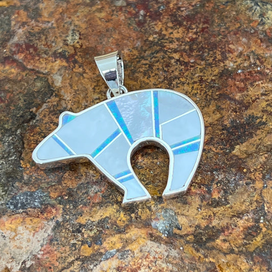 David Rosales Mystic Pearl Inlaid Sterling Silver Pendant Bear