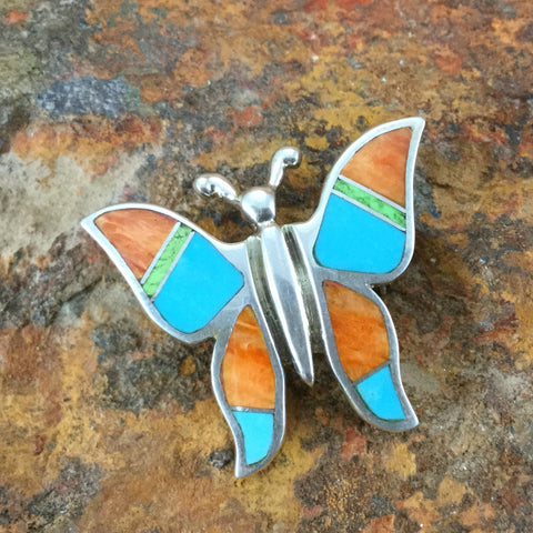 David Rosales Sunrise Inlaid Sterling Silver Pendant/Pin Butterfly