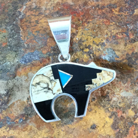 David Rosales Turquoise Creek Fancy Inlaid Sterling Silver Pendant Bear