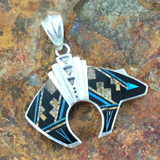 David Rosales Turquoise Creek Inlaid Sterling Silver Pendant Bear