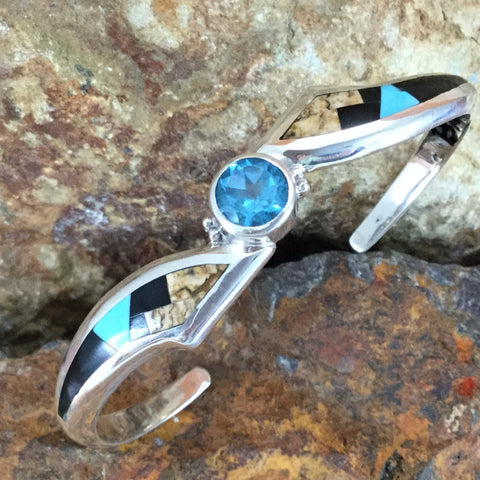 David Rosales Turquoise Creek Inlaid Sterling Silver Bracelet w/ Blue Topaz