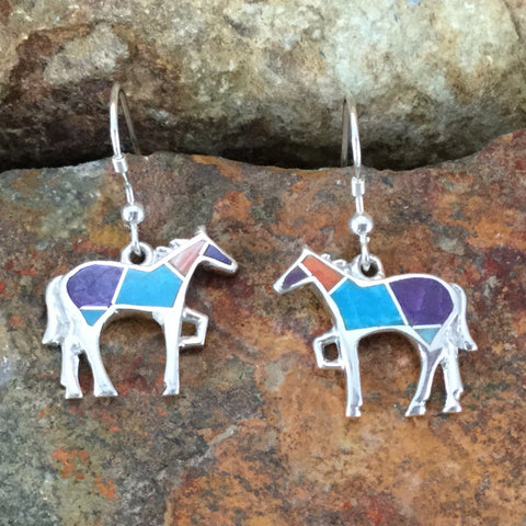 David Rosales Morenci Sunset Inlaid Sterling Silver Earrings Horse