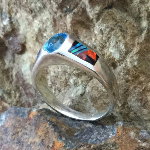David Rosales Red Moon Inlaid Sterling Silver Ring w/ Blue Topaz