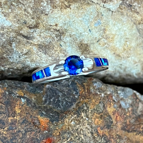 David Rosales Blue Sky Fancy Inlaid Sterling Silver Ring w/ Blue Saphire