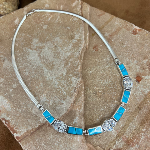 David Rosales Arizona Blue Fancy Inlaid Sterling Silver Necklace w/ Cubic Zirconia