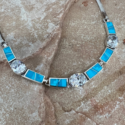 David Rosales Arizona Blue Fancy Inlaid Sterling Silver Necklace w/ Cubic Zirconia