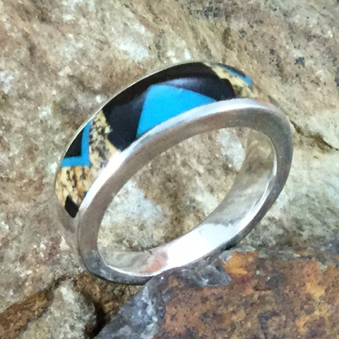 David Rosales Turquoise Creek Fancy Inlaid Sterling Silver Ring