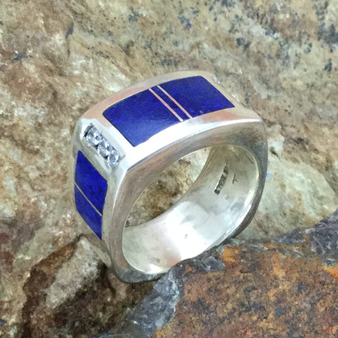 David Rosales Blue Water Inlaid Sterling Silver Ring w/ CZ