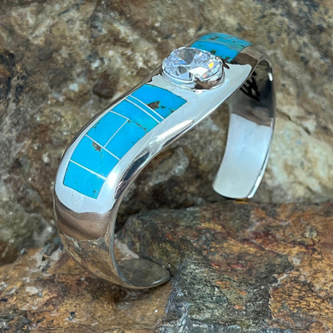 David Rosales Arizona Blue Inlaid Sterling Silver Bracelet w Cubic Zirconia