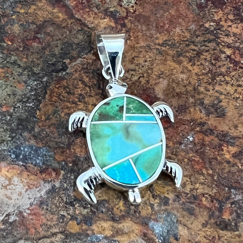David Rosales Sonoran Gold Turquoise Inlaid Sterling Silver Pendant Turtle