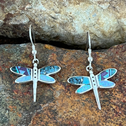 David Rosales Shalako Inlaid Sterling Silver Earrings Dragonfly