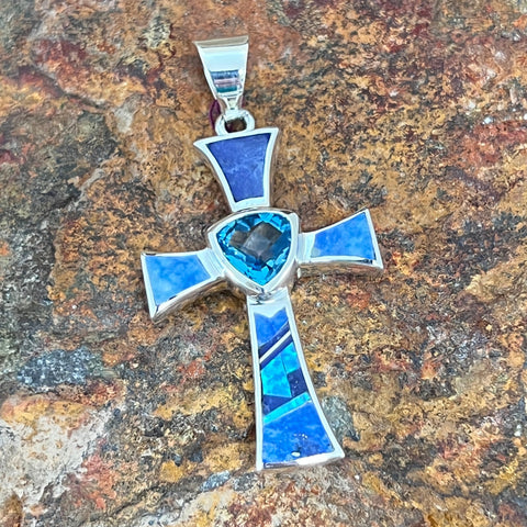 David Rosales Blue Sky Sterling Silver Pendant Cross w/ Blue Topaz