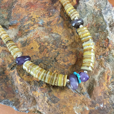 20" Single Strand Shell, Amethyst, Turquoise and Heishi Beaded Necklace