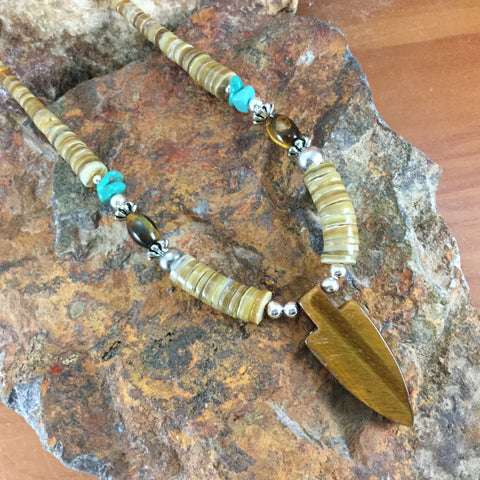 20" Single Strand Shell, Tiger Eye, Turquoise and Heishi Beaded Necklace