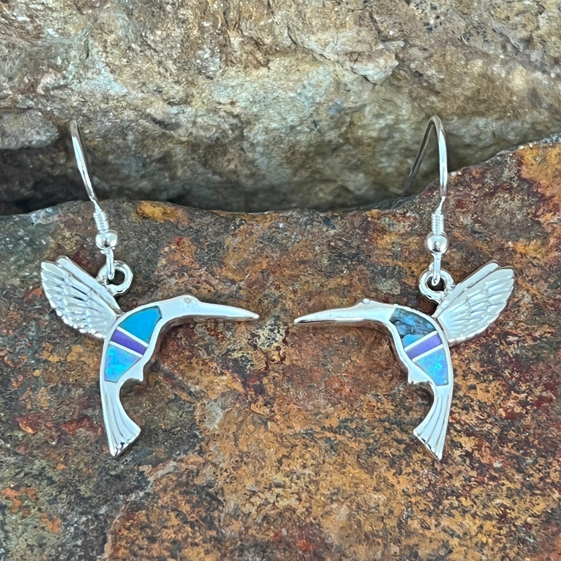 David Rosales Shalako Inlaid Sterling Silver Earrings Hummingbird