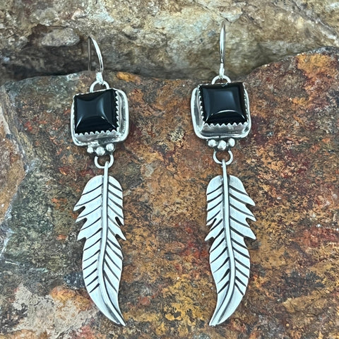 Black Onyx Sterling Silver Earrings Feathers by Mary Tso