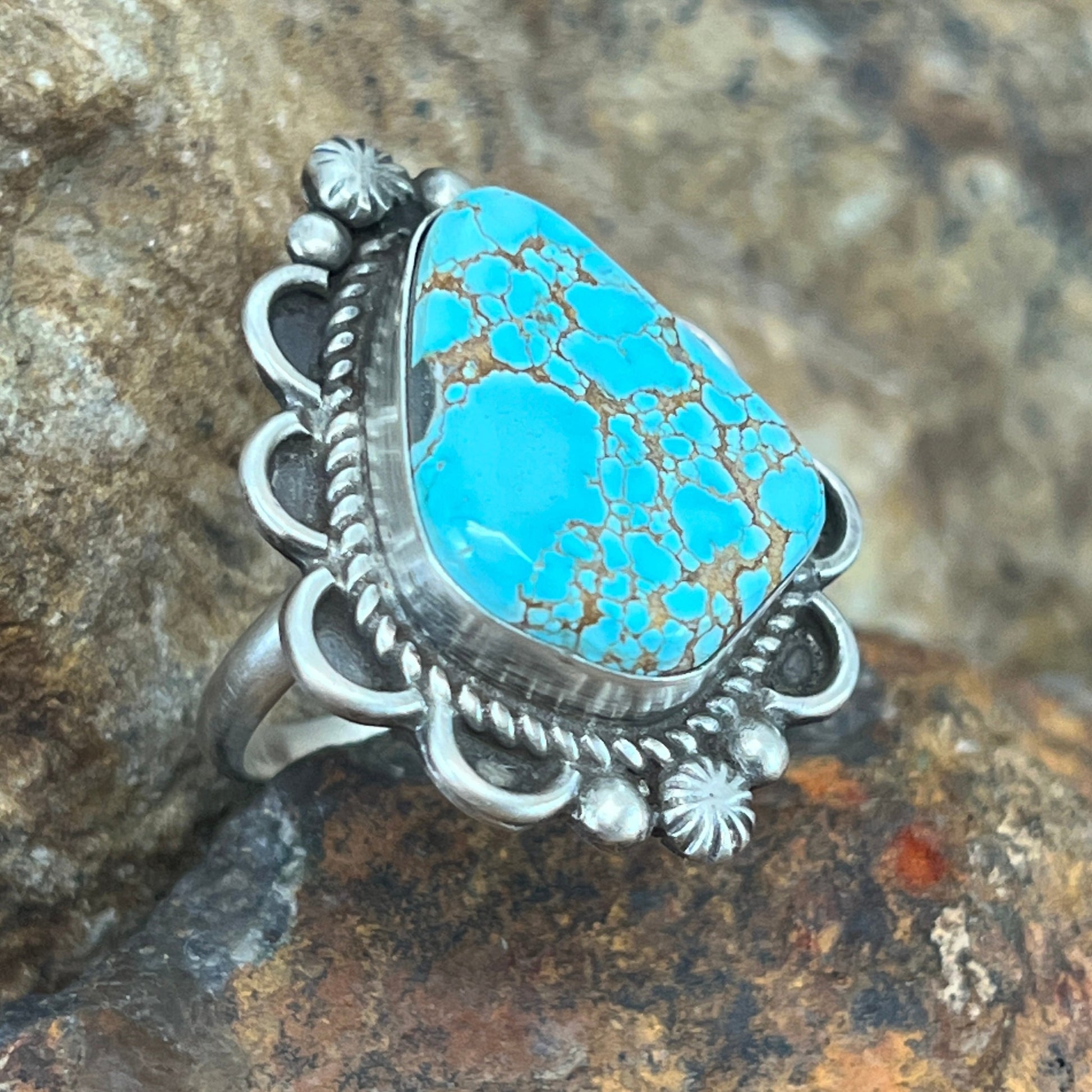 Dry Creek Turquoise Sterling Silver Ring by Mary Tso Size