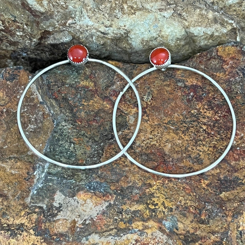 Red Coral Sterling Silver Earrings Hoops by Anna Spencer