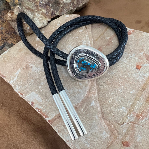 Ithica Peak Turquoise Sterling Silver Leather Bolo Tie by Leonard Nez