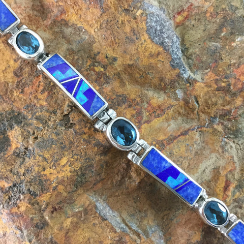 David Rosales Blue Sky Fancy Inlaid Sterling Silver Big Link Bracelet w/ Blue Topaz