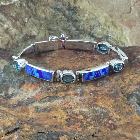 David Rosales Blue Sky Fancy Inlaid Sterling Silver Big Link Bracelet w/ Blue Topaz
