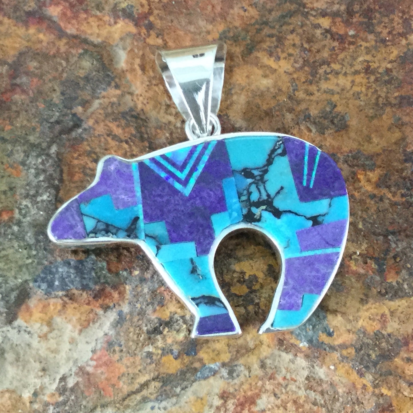David Rosales Shalako Fancy Inlaid Sterling Silver Pendant Bear