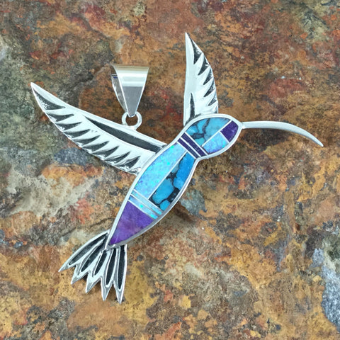 David Rosales Shalako Inlaid Sterling Silver Pendant Hummingbird